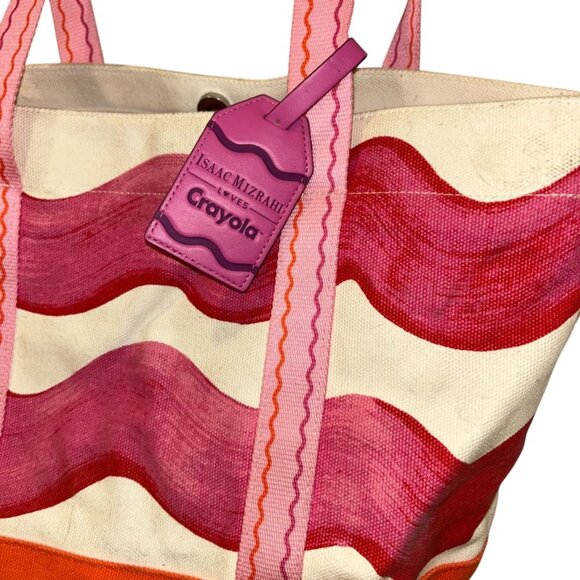Isaac Mizrahi Crayola pink orange tie dye waves print cotton canvas tote bag - Picture 6 of 7